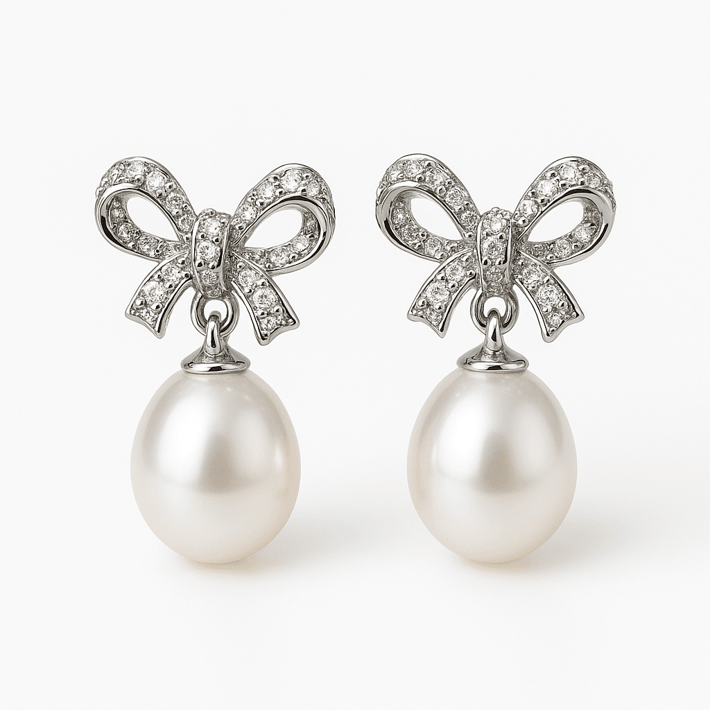 Kelly Little Luxe Freshwater Pearl & Zircon Bow Earrings in Sterling Silver - Image 1